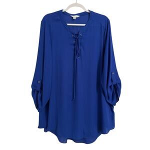 Decree Jr Plus 2X Chic Cobalt Blue Lace Up 3/4 Sleeve Flowy Hi-Lo Tunic Beach